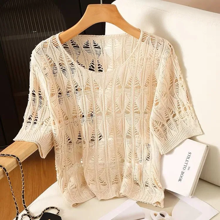 镂空钩花毛线针织短袖上衣大码洋气宽松外搭罩衫百搭