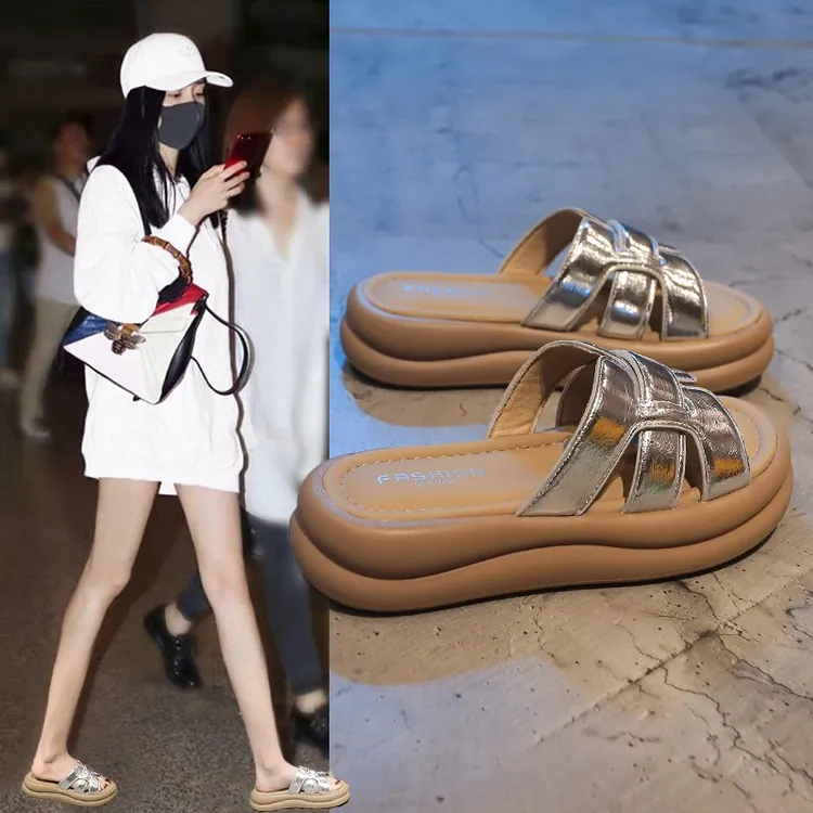 爆款厚底拖鞋女夏季外穿2025新款配裙子仙女风踩屎感沙滩一字拖潮