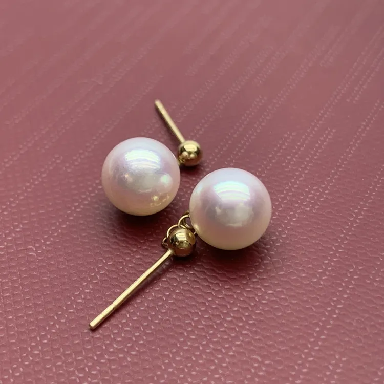 Akoya大颗海水珍珠耳饰天女微风吹耳钉耳饰8-8.5mm正圆18K金百搭