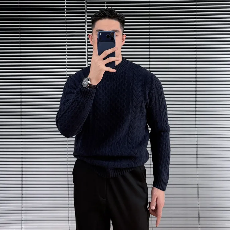 100%绵羊毛提圆领毛衣男保暖内搭羊毛衫修身帅气毛衣男装针织衫