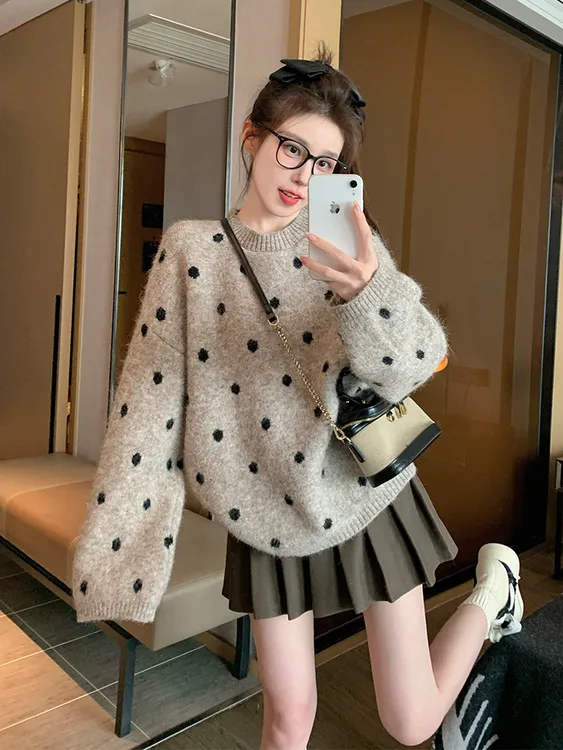 卡其色波点套头毛衣女2025新款秋冬加厚宽松休闲慵懒风内搭针织衫