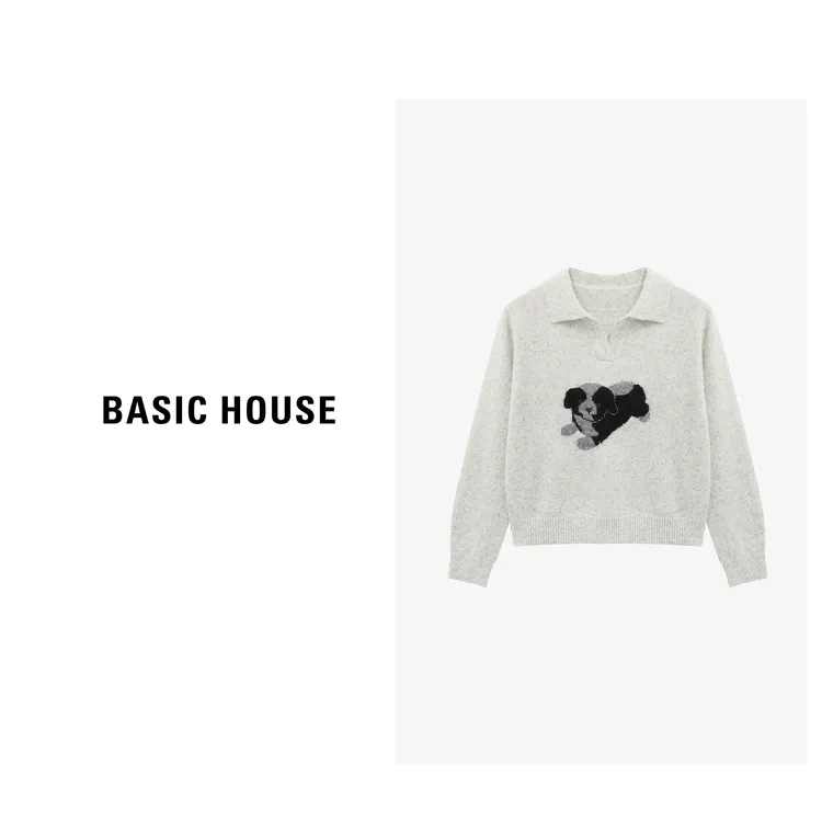 Basic House/百家好短款修身显瘦高级感翻领毛衣女-B0625B5MTK2
