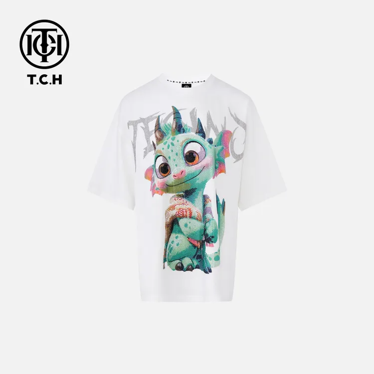 TCH轻奢烫钻工艺小青蛇字母百搭白色圆领T恤T72B10E6011私服tch