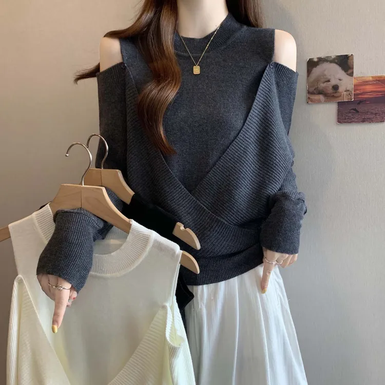露肩设计感长袖针织衫女2025秋季新款胖mm遮肉显瘦百搭毛衣打底衫
