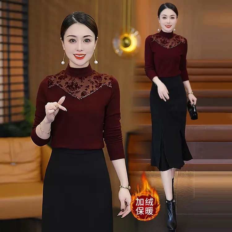 加绒加厚半高领蕾丝拼接T恤女士秋冬新款气质显瘦上衣保暖打底衫