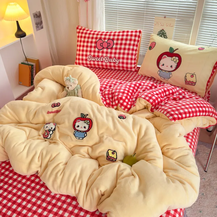 秋冬款牛奶绒四件套毛巾绣工艺保暖三件套加绒被套加厚宿舍绒被