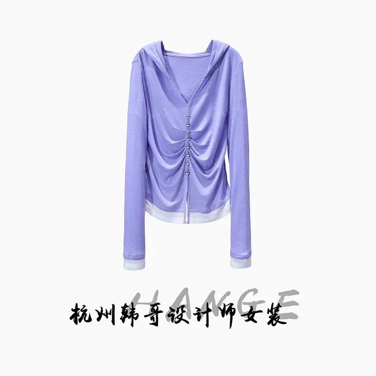 【韩哥女装】秋季欧货设计香芋紫重工拼接钉扣高弹上衣8003-A2