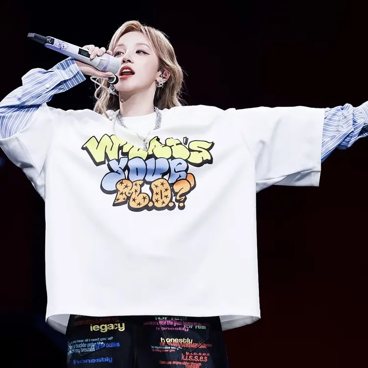 雨琦同款Radio短袖拼接条纹袖早秋纯棉卡通字母印花宽松假两件T恤