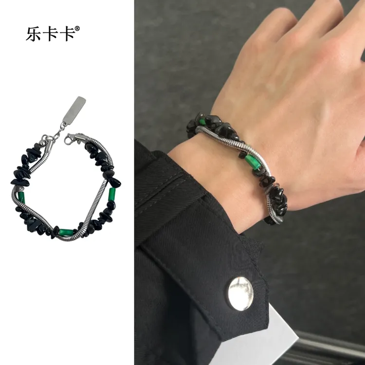 钛钢手链 嘻哈欧美复古钛钢手饰个性ins黑碎石双层蛇骨链手链男女