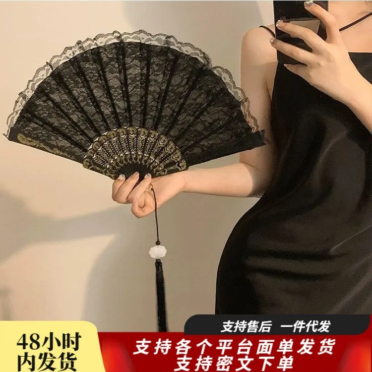 新中式复古黑色蕾丝折扇jk洛丽塔汉服旗袍扇子流苏古风拍照道具