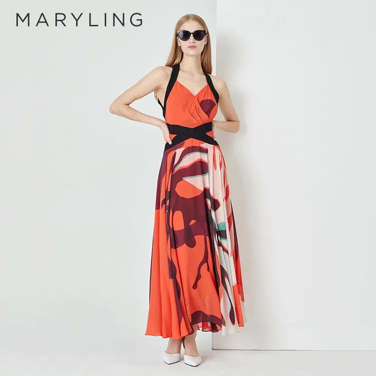 MARYLING玛俪琳夏季优雅气质无袖V领印花连衣裙A1DBW62210