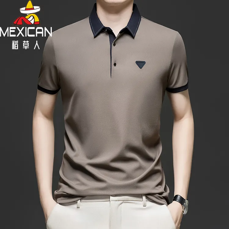 稻草人夏季高端休闲翻领POLO衫商务中年男士短袖上衣纯色T恤衫男