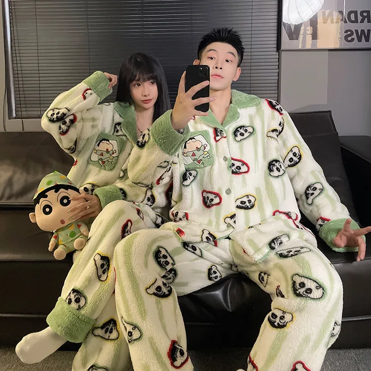 蜡笔小新情侣睡衣女秋冬季珊瑚绒加绒厚卡通男士可外穿家居服套装