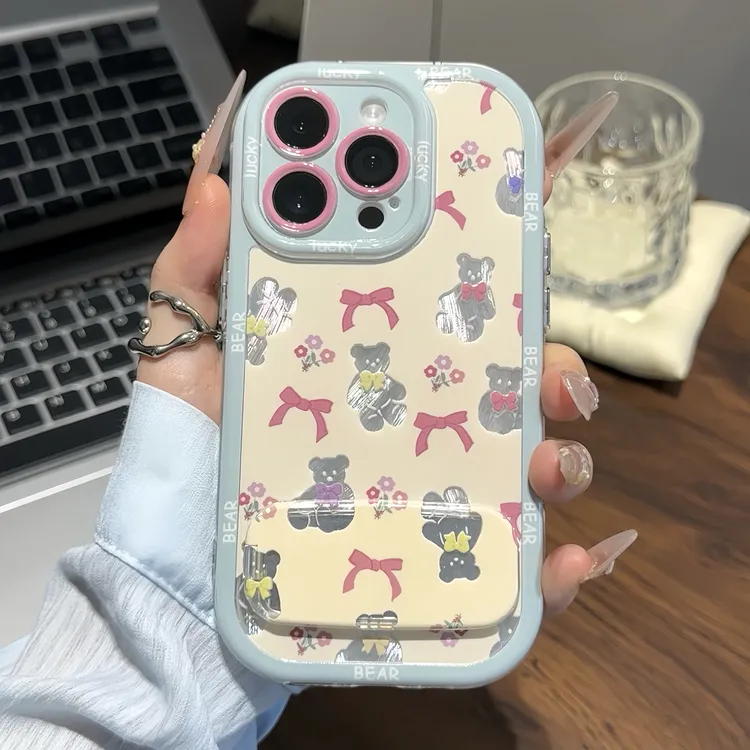 蝴蝶结蓝小熊支架适用苹果16promax手机壳iPhone小米vivoppo华为