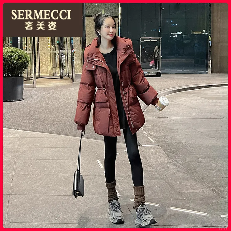 新款加厚奢美姿红色中长款收腰羽绒服女2025冬季爆款外套