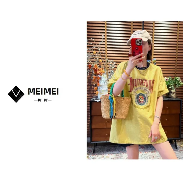 XMM.【英文字母亚麻短袖】显瘦时尚夏季宽松中长款重工休闲衣GZ7038