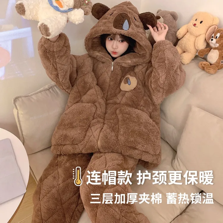 睡衣女士秋冬季三层夹棉加厚加绒珊瑚绒可外穿2025新款冬天家居服