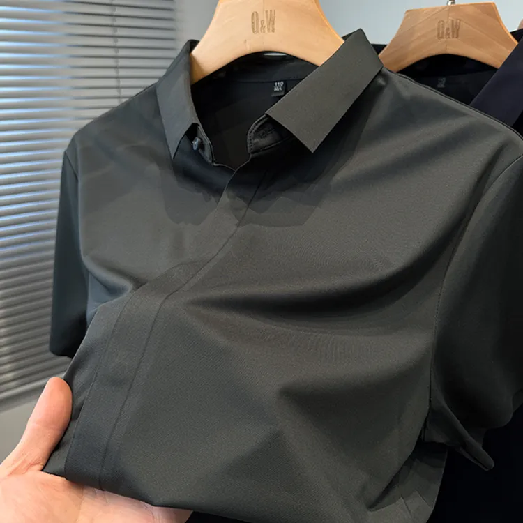 暗门襟衬衫男短袖冰爽丝夏装中年商务休闲衬衣半袖寸衣纯色高级感