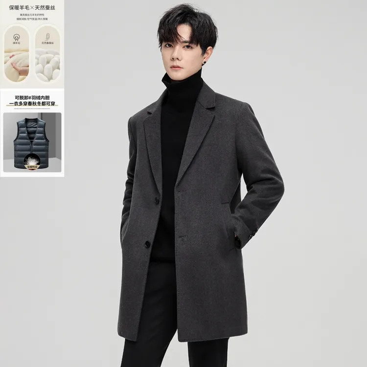 秋冬新款桑蚕丝羊毛大衣中长款休闲双面呢外套可拆卸内胆毛呢大衣
