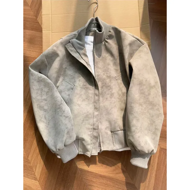 浅灰立领扎染皮衣外套男款秋冬美式棒球服高级感cleanfit飞行夹克