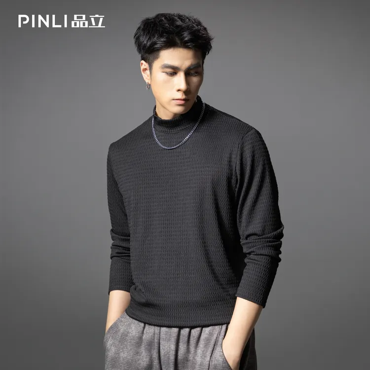 PINLI品立2025秋季新款潮牌半高领长袖T恤男士肌理感纯色休闲上衣