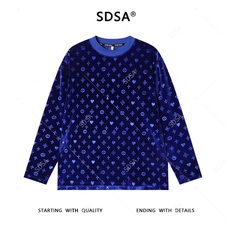 SDSA男士秋冬新款痞帅男装植绒刺绣十字爱心圆领长袖T恤百搭时尚