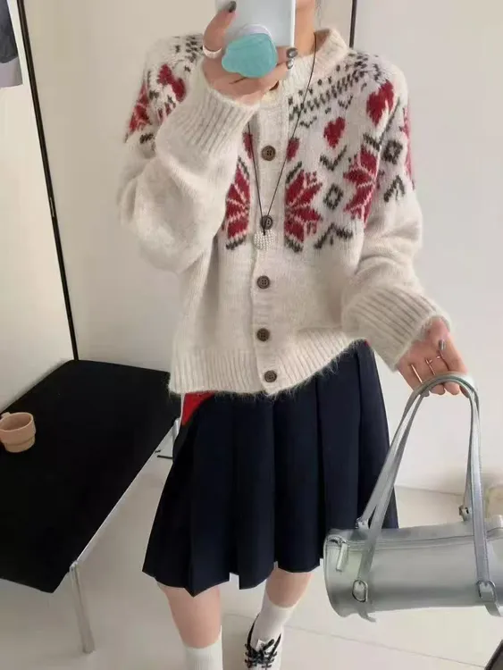 复古撞色提花毛衣外套女2025秋冬新款提花时尚宽松百搭针织开衫女