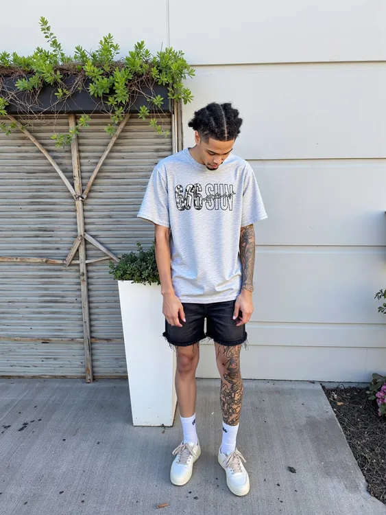 666SHUN潮牌豹纹蛇纹拼皮刺绣短袖t恤美式嘻哈男夏季宽松半袖