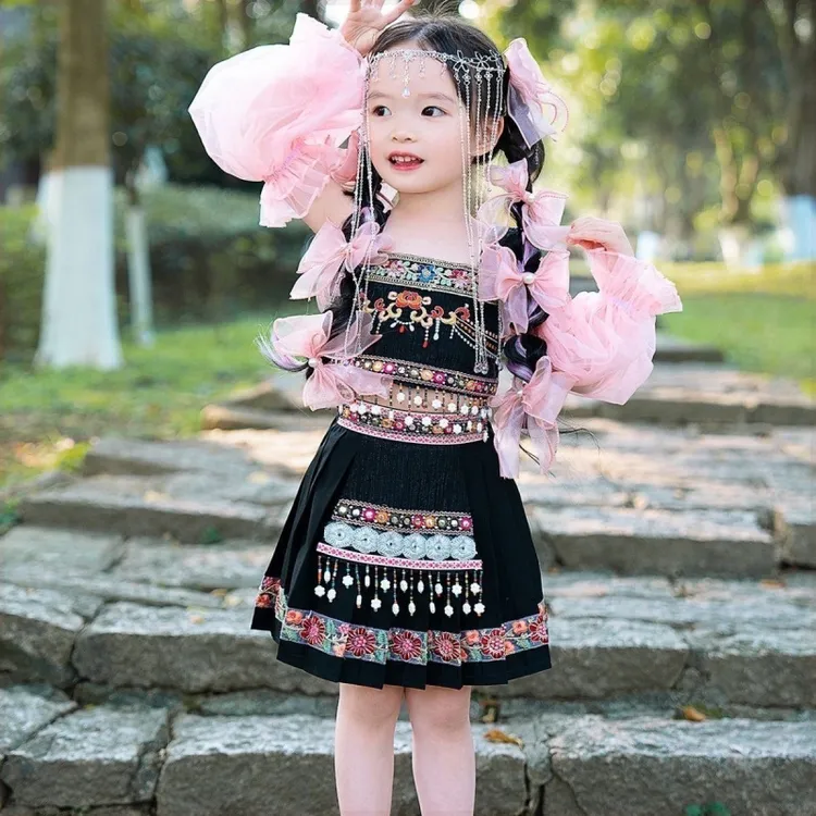 儿童裙子三月三少数民族服装女童哈尼族套装公主裙苗族