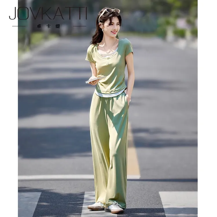 休闲运动套装女夏季假两件圆领短袖T恤阔腿休闲运动裤两件套