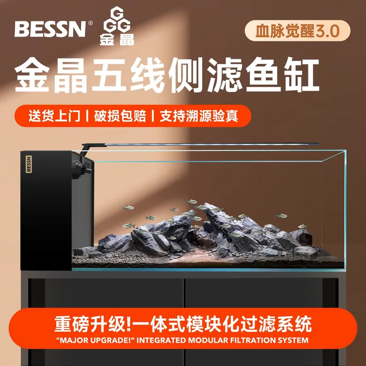 BESSN贝森金晶五线超白鱼缸客厅家用生态溪流缸干湿分离侧滤缸