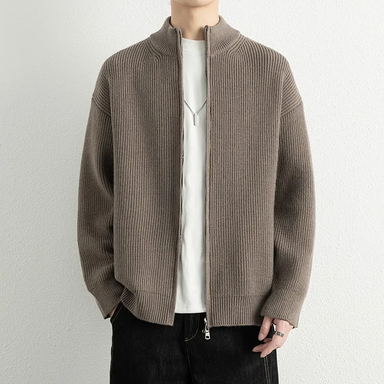 2025国潮美式复古双拉链开衫毛衣针织衫男秋冬情侣纯色慵懒感外套