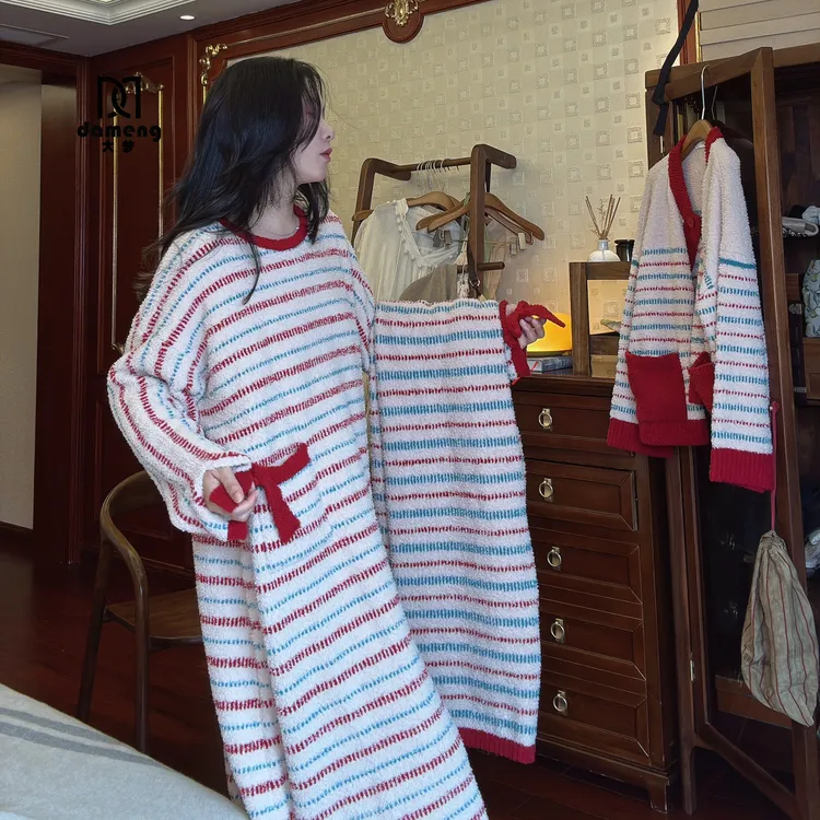 大梦秋冬季半边绒睡裙加厚保暖珊瑚绒家居服女系带宽松可外穿条纹