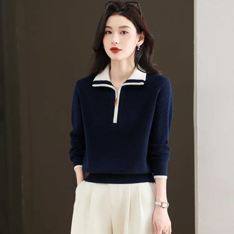 半拉链厚毛衣女士秋冬季2025新款宽松显瘦翻领拼色内搭打底衫立领