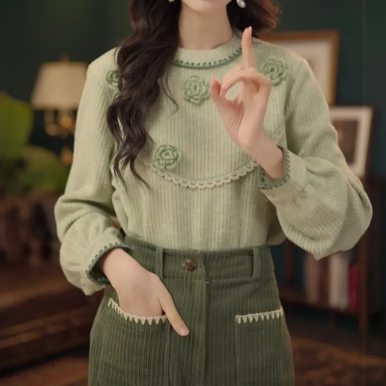 设计感花朵立体圆领针织衫女2025冬季新款宽松显瘦休闲百搭上衣潮