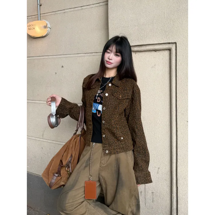 克林菲美式复古豹纹工装外套正肩夹克女显瘦辣妹高街短款休闲上衣