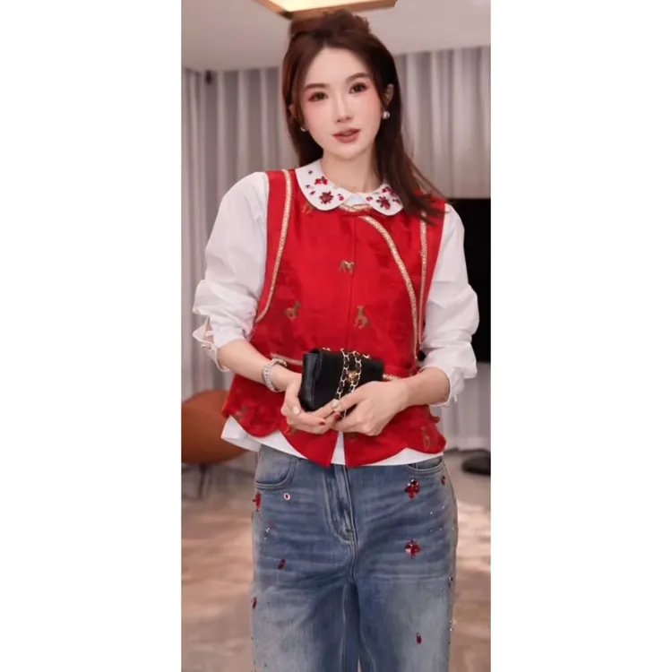 yiyiya.Guo艺艺吖【宝石衬衫】早春新款娃娃领烫钻衬衫120175SS52