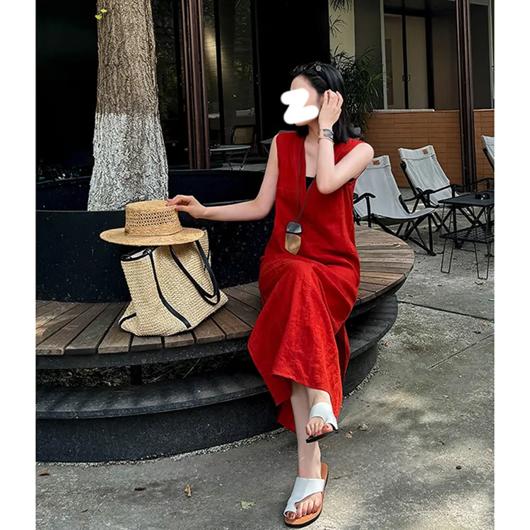 v领高级感亚麻背心连衣裙女夏季流行爆款时尚名媛气质a字长裙