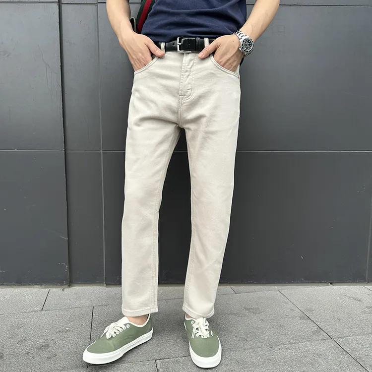 杏色不掉色牛仔裤男士九分微宽松小直筒8分裤百搭休闲3种裤长选