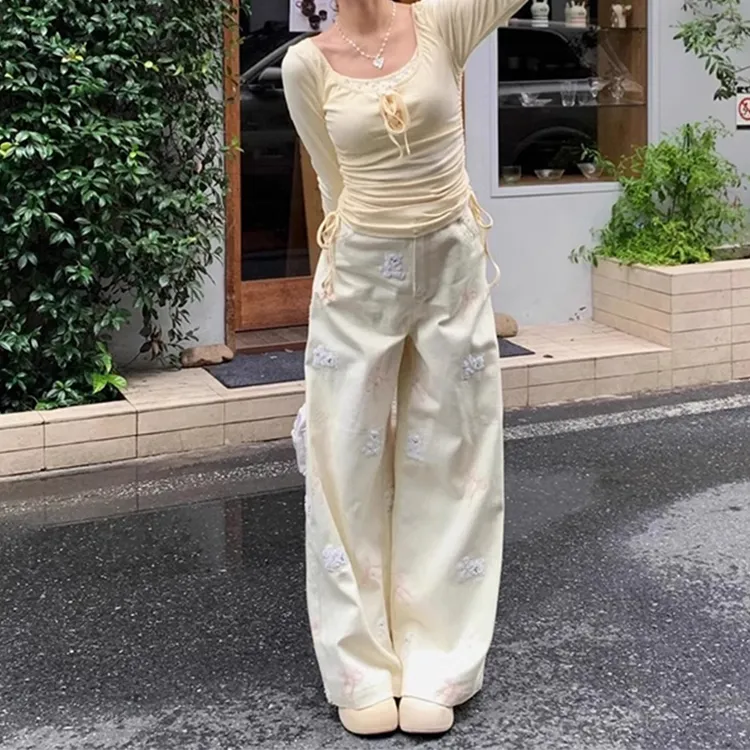 微胖mm温柔甜美奶黄小狗刺绣阔腿牛仔裤女春季新款美式宽松直筒裤