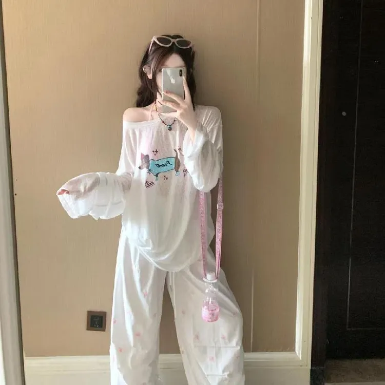 超好看韩系卡通印花防晒长袖女夏季宽松露肩罩衫遮肉藏肉上衣t恤