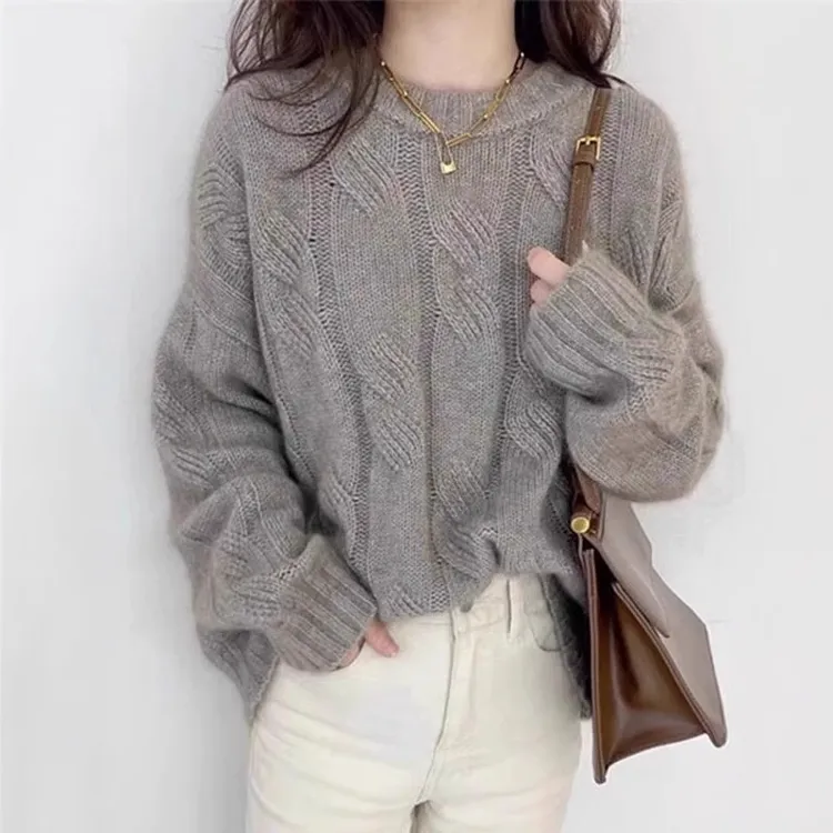 批发法式秋冬加厚圆领羊毛针织衫女宽松百搭毛衣气质纯羊毛打底衫