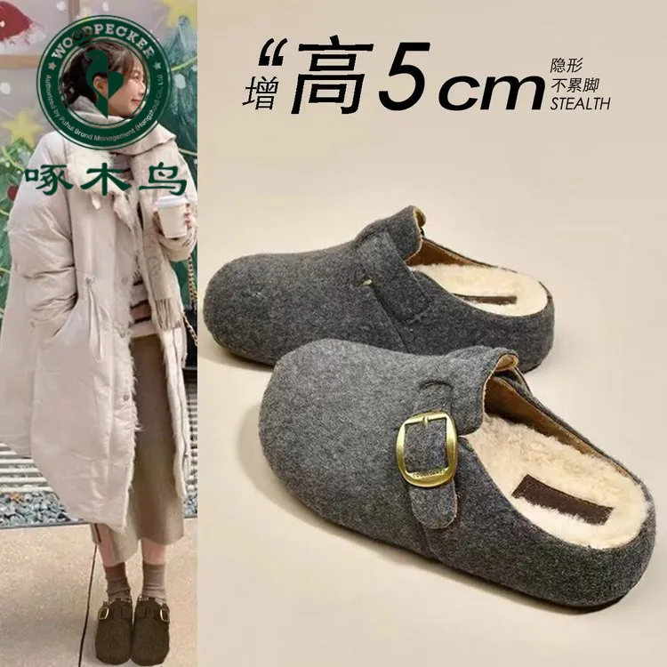 啄木鸟灰色毛毡勃肯鞋半拖女2025新款秋冬加绒一脚蹬灰色棉拖鞋女