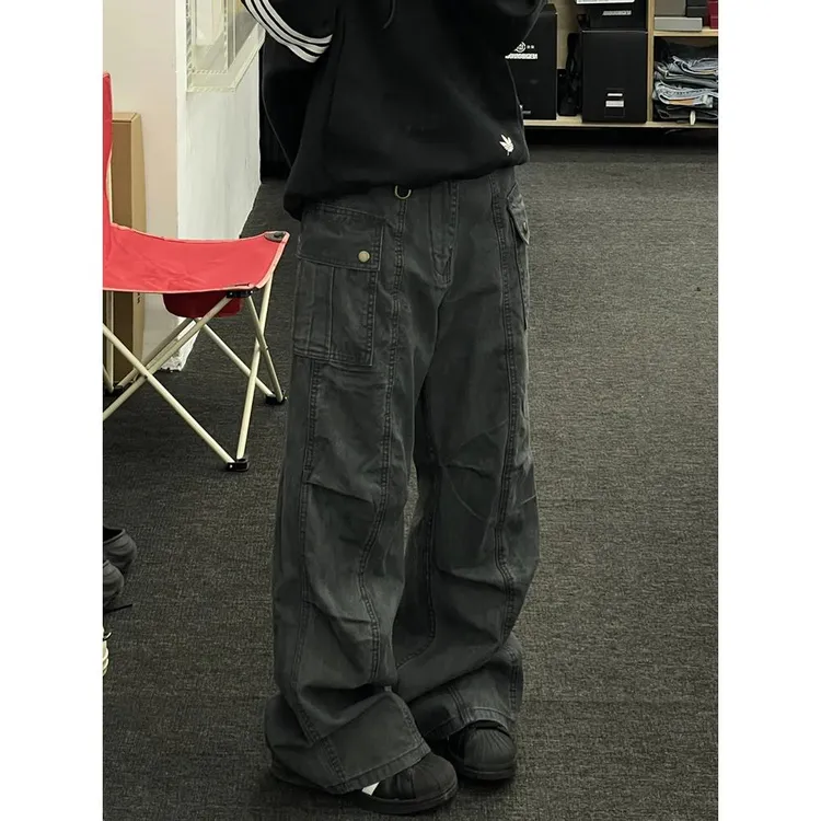 美式复古水洗做旧褶皱拼接侧边大口袋工装裤高街vibe裤子男休闲裤