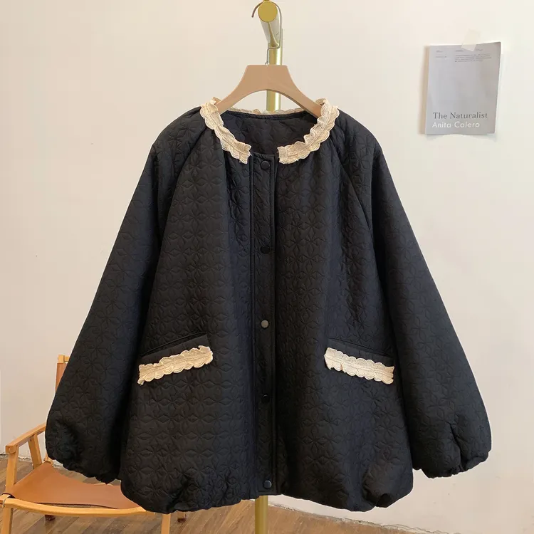 黑糖Y4072夹棉菱形纹蕾丝边圆领棉衣