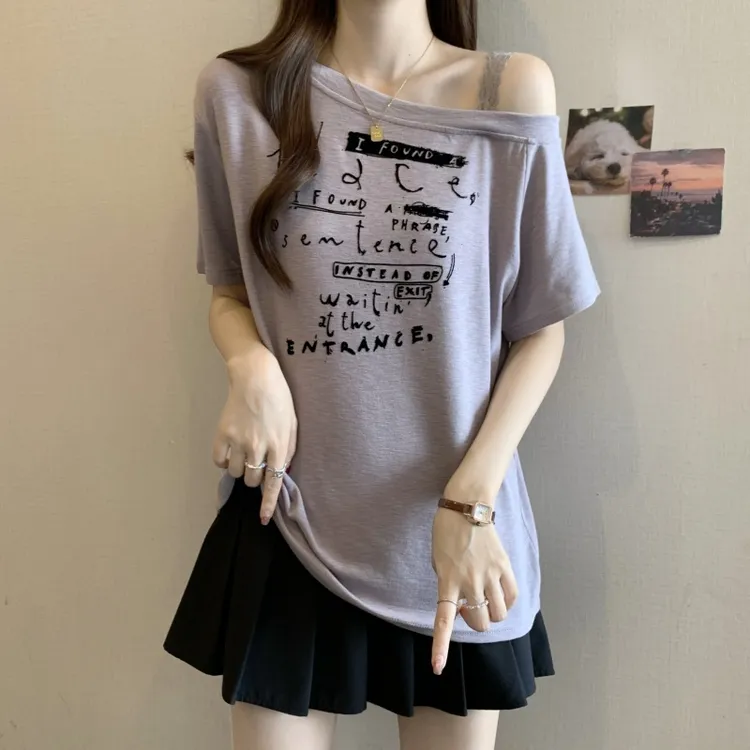 大码女装字母印花露肩蕾丝拼接短袖t恤夏季新款胖mm遮肉显瘦上衣