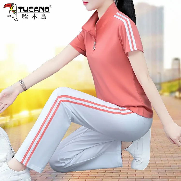 啄木鸟宽松休闲短袖直筒裤两件套女夏季新款百搭减龄运动服套装