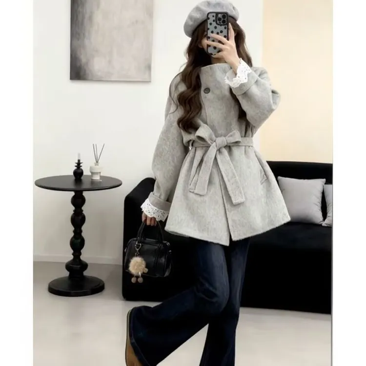 高级感灰色毛呢外套女2025秋冬新款系带收腰呢子大衣小个子超好看