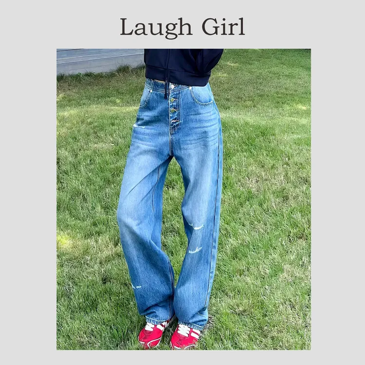 楚楚君 Laugh girl【巴黎步调】高腰破洞直筒排扣牛仔裤KL53011J