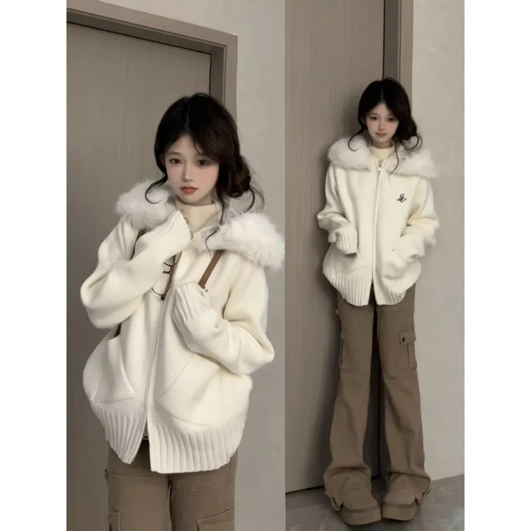 韩系慵懒风毛领连帽毛衣开衫外套女秋冬高级感宽松软糯针织衫上衣